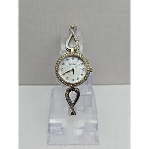 Bulova Womens Crystal Two Tone Bracelet Watch White MOP Dial New Battery Quartz